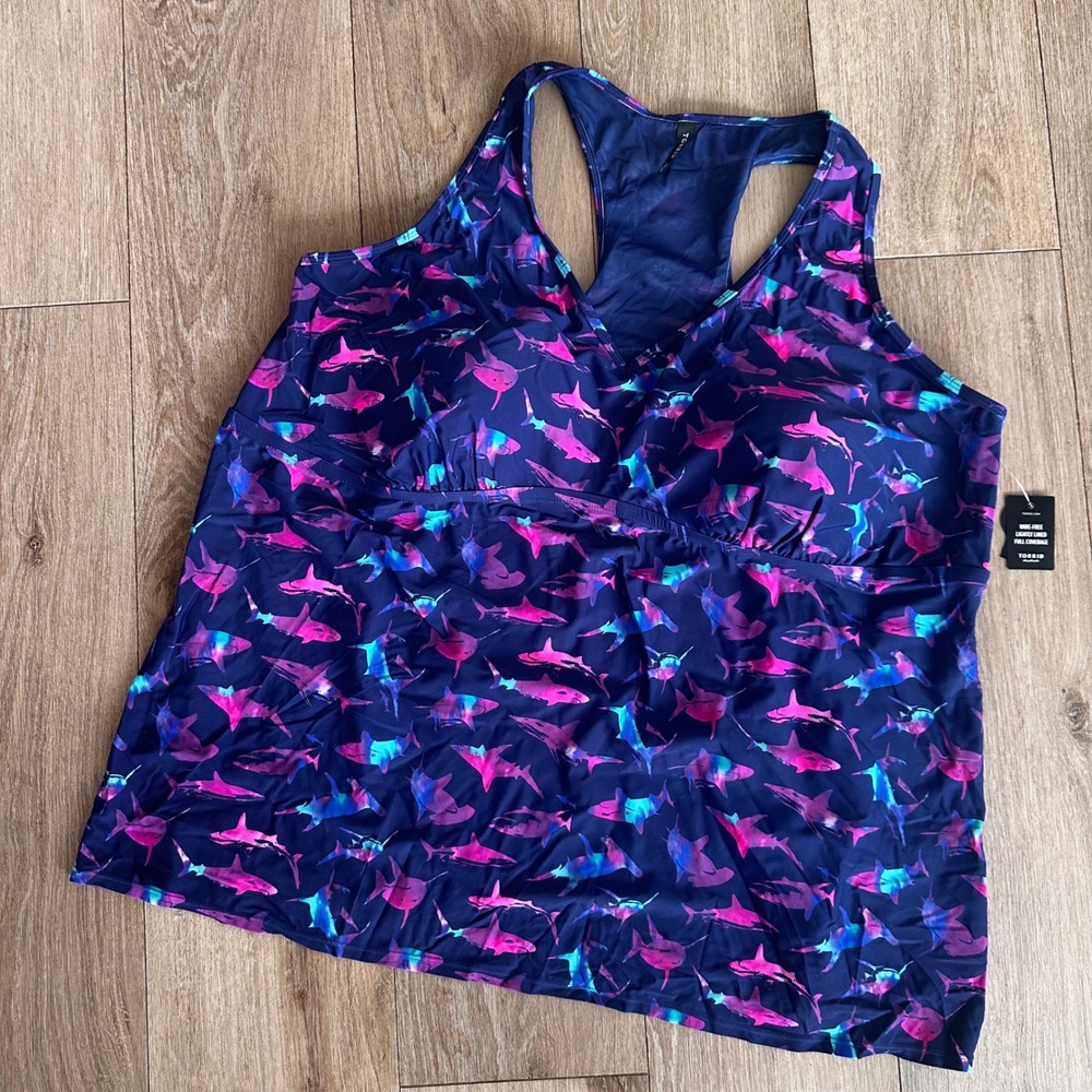 Torrid Shark Print Tankini Swim Set Navy Blue Pink Purple Plus Size 6 NEW - Picture 2 of 11